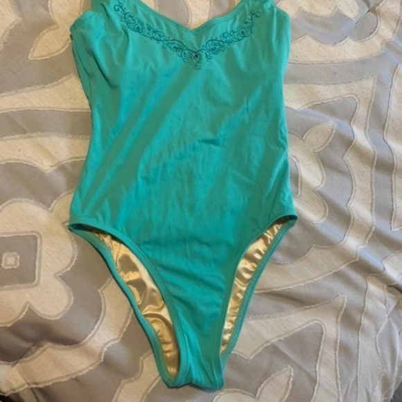 Turquoise jeweled One Piece Bathing suit cross cross back built in underwire bra - Picture 8 of 8